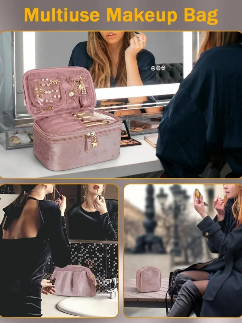 Stylish Double-Layer Makeup Bag Set with Jewelry Storage & Brush Holder - Pink